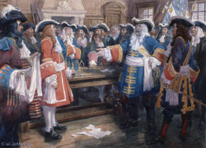 Before the Battle of Quebec, Frontenac famously rebuffs the English envoys: "The only response I have for your general is through the muzzles of my cannons." Watercolour on commercial board.