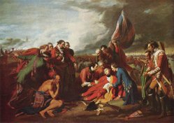 The Death of General Wolfe, painted by Benjamin West, apocryphally depicts General Wolfe's final moments during the Battle of the Plains of Abraham in 1759.