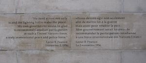 quote from Pearson on starting a UN peace force on the Peacekeeping Monument