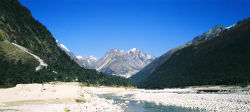 The Himalayan range at Yumesongdong in Sikkim, in the Yumthang River valley.