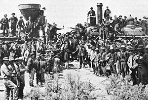 The ceremony for the driving of the golden spike at Promontory Summit, Utah, May 10, 1869. Photograph by Andrew J. Russell.
