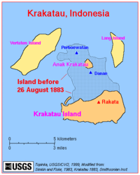 Map of Krakatau after 1883 eruption, showing the change in geography.