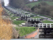 The flight of 16 locks at Caen Hill on the Kennet and Avon Canal, Wiltshire, England