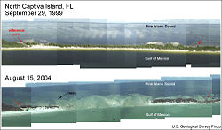 Composite image of North Captiva Island before and after Charley, showing the inlet caused by the storm.