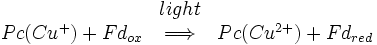 \begin{matrix} \ & light & \  \\ Pc(Cu^+ ) + Fd_{ox} & \Longrightarrow & Pc(Cu^{2+}) + Fd_{red} \end{matrix}