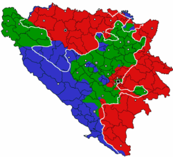 Situation on the ground in the closing days of the war. Serb-controlled territory shown in red, Croat in blue, Bosniak in green.