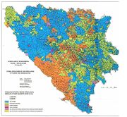 Ethnic map based on the 1991 census. The different colors show majority in every settlement:      Serbs      Muslims      Croats      no majority
