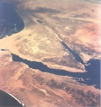 The Sinai Peninsula at center and the Dead Sea and Jordan River valley above