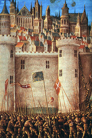 The Siege of Antioch, from a medieval miniature painting, during the First Crusade.