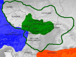 Central Europe in 870. Eastern Francia in blue, Bulgaria in orange, Great Moravia under Rastislav in green. The green line depicts the borders of Great Moravia after the territorial expansion under Svatopluk I (894). Note that some of the borders of Great Moravia are under debate