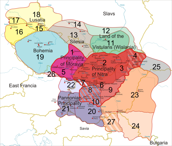 1. Core territory, Principality of Moravia before 833.2. Core territory, Principality of Nitra before 833[citation needed]3. Either part of the Principality of Nitra before 833, or conquered later by Mojmír I or by Rastislav.4. Conquered by Mojmír I or by Rastislav, administered from Nitra.5. Part of the Principality of Moravia or conquered no later than 853.6. Conquered in 858, administered from Nitra and lost in 894.7. Either part of Nitra or the Balaton Principality. Conquered either in 833 or 883, administered from Nitra. (The supremacy of Great Moravia over the territory is under debate.)8. Conquered in 858 or 883, administered from Nitra and lost in 894. (The supremacy of Great Moravia over the territory is under debate.)9. Conquered by Rastislav or Svatopluk I, administered from Nitra and lost in 896. (The supremacy of Great Moravia over the territory is under debate.)10. Conquered in 858 or 883, administered from Nitra. (The supremacy of Great Moravia over the territory is under debate.)11. Vistulans conquered in 874.12. Probably conquered in 874 along with the Vistulan territory.13. Silesia probably annexed in 880.14. Probably conquered together with Silesia.15. Lusatia controlled in 890-897.16. Probably part of the Great Moravian Lusatia.17. Probably part of the Great Moravian Lusatia.18. Probably part of the Great Moravian Lusatia.19. Bohemia controlled in 888-894.20. The Balaton Principality controlled in 883-894. (The supremacy of Great Moravia over the territory is under debate.)21. Probably part of the conquered Balaton Principality. (The supremacy of Great Moravia over the territory is under debate.)22. Probably part of the conquered Balaton Principality. (The supremacy of Great Moravia over the territory is under debate.)23. Transtheissia controlled in 881-896. (The supremacy of Great Moravia over the territory is under debate.)24. Probably part of Transtheissia. (The supremacy of Great Moravia over the territory is under debate.)25. Conquered by Svatopluk I and lost in 896. (The supremacy of Great Moravia over the territory is under debate.)26. Conquered by Svatopluk I.27. Probably part of Transtheissia. (The supremacy of Great Moravia over the territory is under debate.)(yellow lines: current bordersblue lines: riversred dots: main castles and settlements)