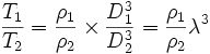 \frac {T_1}{T_2} = \frac {\rho_1}{\rho_2} \times \frac {D_1^3}{D_2^3} = \frac {\rho_1}{\rho_2} \lambda^3