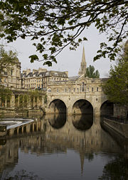 An English 18th century example of a bridge in the Palladian style, with shops on the span: Pulteney Bridge, Bath