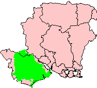 National Park area in green; pink area shows the county of Hampshire.