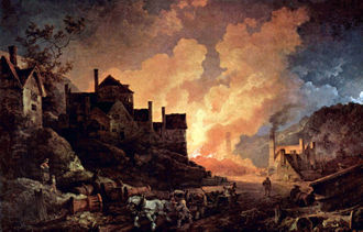 Coalbrookdale by Night, 1801, Philipp Jakob Loutherbourg the YoungerBlast furnaces light the iron making town of Coalbrookdale