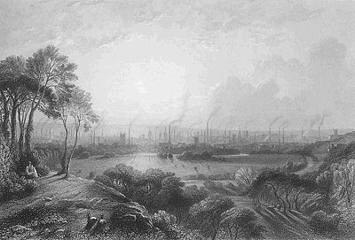 Manchester, England ("Cottonopolis"), pictured in 1840, showing the mass of factory chimneys