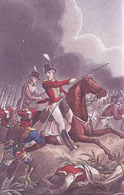 Arthur Wellesley at the Battle of Assaye in a painting by J.C.Stadler. The battle was an important victory for Wellesley in his career and he later remarked  that it was the best battle he ever fought.