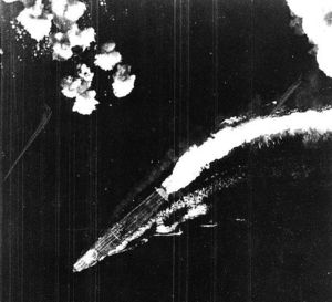 The Japanese aircraft carrier, Hiryu under attack by US aircraft at the Battle of Midway.