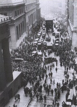 A solemn crowd gathers outside the NYSE after the crash.