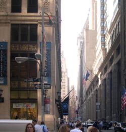 View up Wall Street from Pearl Street