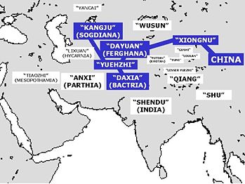 Countries described in Zhang Qian's report. Visited countries are highlighted in blue.