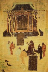 Fresco from Mogao Caves representing Emperor Han Wudi (156-87 BC) worshipping two statues of the Golden Man.