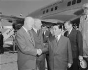 President Dwight D. Eisenhower and Secretary of State John Foster Dulles greet President Ngo Dinh Diem in Washington.