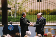 Former President of the United States, Ronald Reagan awards Gorbachev the first ever Ronald Reagan Freedom Award at the Reagan Library, 1992