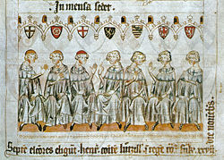 The prince-electors of the Holy Roman Empire. (left to right: Archbishop of Cologne, Archbishop of Mainz, Archbishop of Trier, Count Palatine, Duke of Saxony, Margrave of Brandenburg and King of Bohemia)