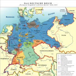 States of Germany at the time of the Weimar Republic, with Prussia in blue