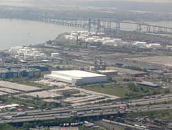 Newark Bay with the New Jersey Turnpike and Newark Bay Bridge visible.