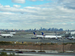 New York City and Jersey City skylines from Newark Airport.