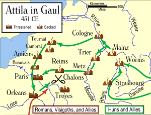 The general path of the Hun forces in the invasion of Gaul, leading up to the Battle of Chalons.