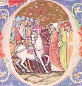 An illustration of the meeting from the Chronicon Pictum, c. 1360.