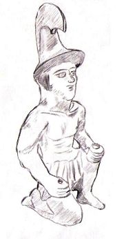 Statuette of a Greek soldier, from a 4th–3rd century BC burial site north of the Tian Shan, at the maximum extent of Alexander's advance in the East (Ürümqi, Xinjiang Museum, China) (drawing)