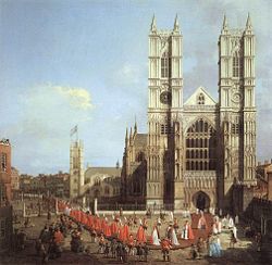 Westminster Abbey with a procession of Knights of the Bath, by Canaletto, 1749