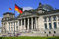The restored Reichstag in Berlin, housing the German parliament. The dome was built by Foster's redesign.