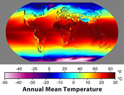 Annual average surface temperatures from 1961–1990.  This is an example of how climate varies with location.