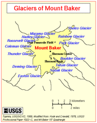 A map of the glaciers on Mount Baker.