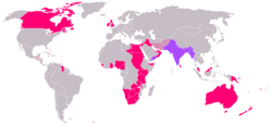 The British Empire is red on the map, at its zenith in 1919. (India highlighted in purple.) South Africa, bottom center, lies between both halves of the Empire.