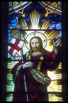 Jesus Christ depicted in a stained glass window in Rochester Cathedral, Kent.