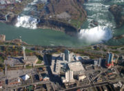 Aerial view of Niagara Falls, with American Falls on the left and the Horseshoe Falls on the right