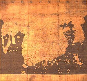 The Kangnido map (1402) predates Zheng's voyages and suggests that he had quite detailed geographical information on much of the Old World.
