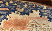 Detail of the Fra Mauro map relating the travels of a junk into the Atlantic Ocean in 1420. The ship also is illustrated above the text.