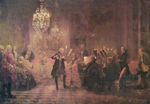 The Flute Concert of Sanssouci by Adolph von Menzel, 1852, depicts Frederick playing the flute in his music room at Sanssouci.