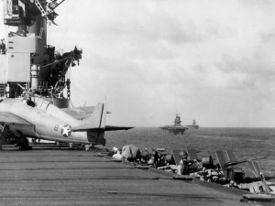 U.S. carriers Wasp (foreground), Saratoga, and Enterprise (background) operating in the Pacific south of Guadalcanal on August 12, 1942