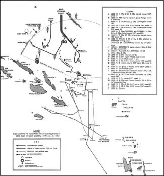 U.S. Navy map from 1943 showing approximate paths and actions of Japanese (top) and Allied (bottom) naval forces in the battle from August 23 through August 26, 1942. Guadalcanal is the large, roughly oval-shaped island in the center-left of the map.