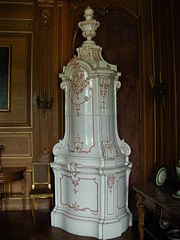 Ceramic stoves are traditional in Northern Europe: an 18th-century faience stove at Łańcut Castle, Poland
