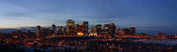 Downtown Edmonton's skyline at night.