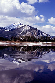 Snowmelt runoff fills a reservoir in the Rocky Mountains near Dillon, Colorado.